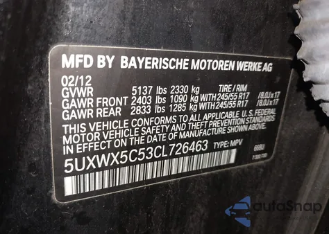2012 BMW X3 xDrive28I from USA, damaged, VIN 5UXWX5C53CL726463